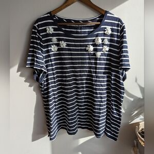 Talbots 3D Beaded Flowers Knit Top Blue White Striped Womens Size 3X Office